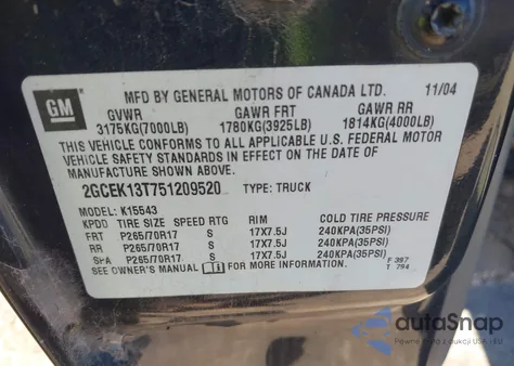 2005 Chevrolet Silverado 1500 Z71 from USA, damaged, VIN 2GCEK13T751209520